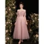 Chic / Beautiful Dusky Pink Glitter Pearl Prom Dresses 2021 A-Line / Princess Off-The-Shoulder Short Sleeve Backless Tea-length Prom Formal Dresses