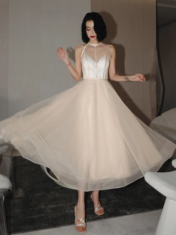Fashion Champagne Prom Dresses 2021 A-Line / Princess Scoop Neck Sash Sleeveless Tea-length Prom Formal Dresses
