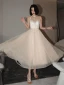 Fashion Champagne Prom Dresses 2021 A-Line / Princess Scoop Neck Sash Sleeveless Tea-length Prom Formal Dresses
