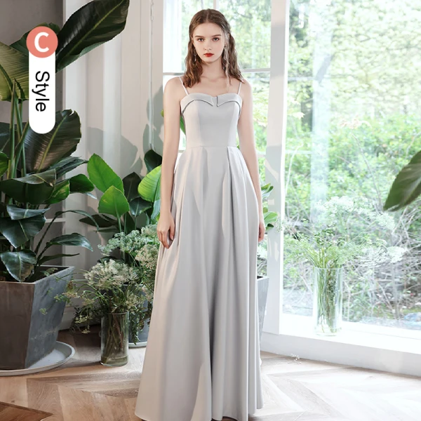 Modest / Simple Grey Satin Bridesmaid Dresses 2021 A-Line / Princess Short Sleeve Backless Floor-Length / Long Wedding Party Dresses