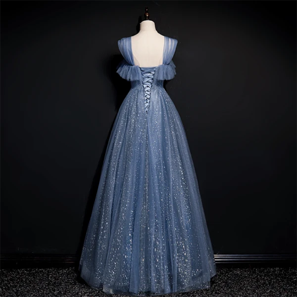 Fashion Ocean Blue Glitter Starry Sky Evening Dresses  Prom Dresses 2021 A-Line / Princess Ruffle Square Neckline Sleeveless Backless Floor-Length / Long Formal Dresses