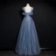 Fashion Ocean Blue Glitter Starry Sky Evening Dresses  Prom Dresses 2021 A-Line / Princess Ruffle Square Neckline Sleeveless Backless Floor-Length / Long Formal Dresses
