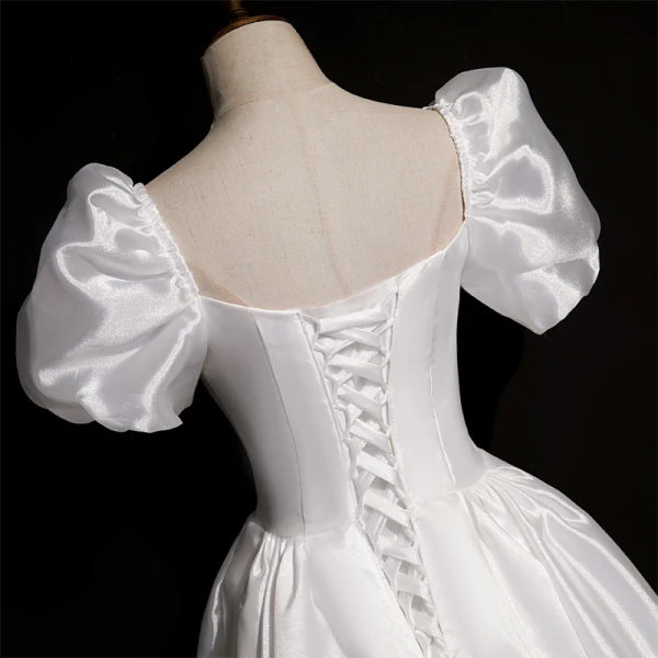 Vintage Schlicht Ivory / Creme Satin Brautkleider / Hochzeitskleider 2021 A Linie Eckiger Ausschnitt Kurze Ärmel Rückenfreies Wadenlang Hochzeit
