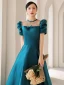 Vintage / Retro Royal Blue Satin Prom Dresses 2021 A-Line / Princess Scoop Neck Short Sleeve Backless Bow Floor-Length / Long Prom Formal Dresses