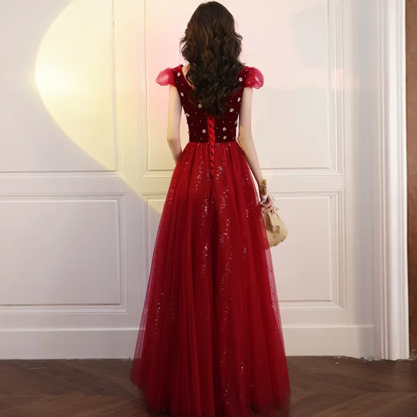 Vintage / Retro Red Pearl Sequins Prom Dresses 2021 A-Line / Princess Square Neckline Short Sleeve Backless Floor-Length / Long Prom Formal Dresses