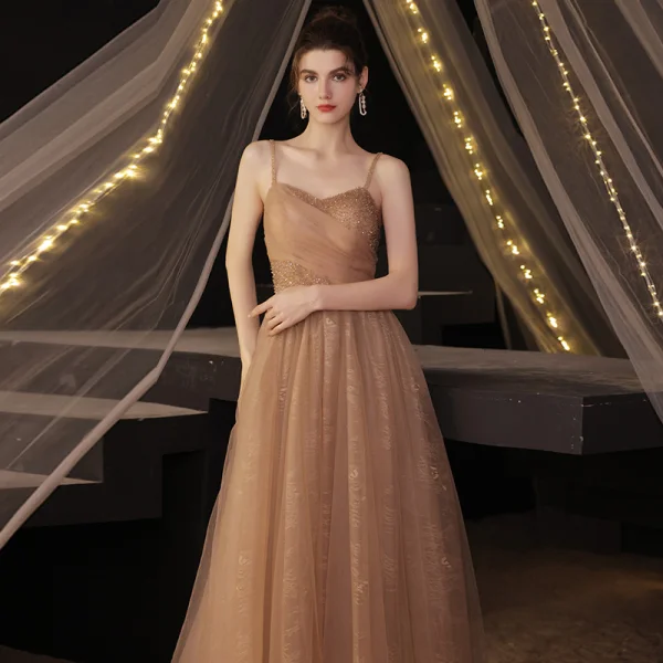Modern / Fashion Champagne Beading Prom Dresses 2021 A-Line / Princess Spaghetti Straps Sleeveless Backless Floor-Length / Long Prom Formal Dresses