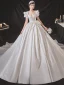 Vintage / Originale Simple Ivoire Perle Satin Robe De Mariée 2021 Robe Boule Encolure Carrée Manches Courtes Dos Nu Noeud Royal Train Mariage