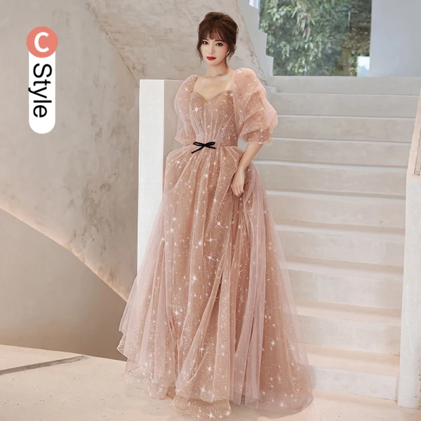 Fashion Champagne Bridesmaid Dresses 2021 A-Line / Princess Square Neckline Star Lace Sequins Bow Short Sleeve Backless Floor-Length / Long Bridesmaid Wedding Party Dresses