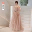 Fashion Champagne Bridesmaid Dresses 2021 A-Line / Princess Square Neckline Star Lace Sequins Bow Short Sleeve Backless Floor-Length / Long Bridesmaid Wedding Party Dresses