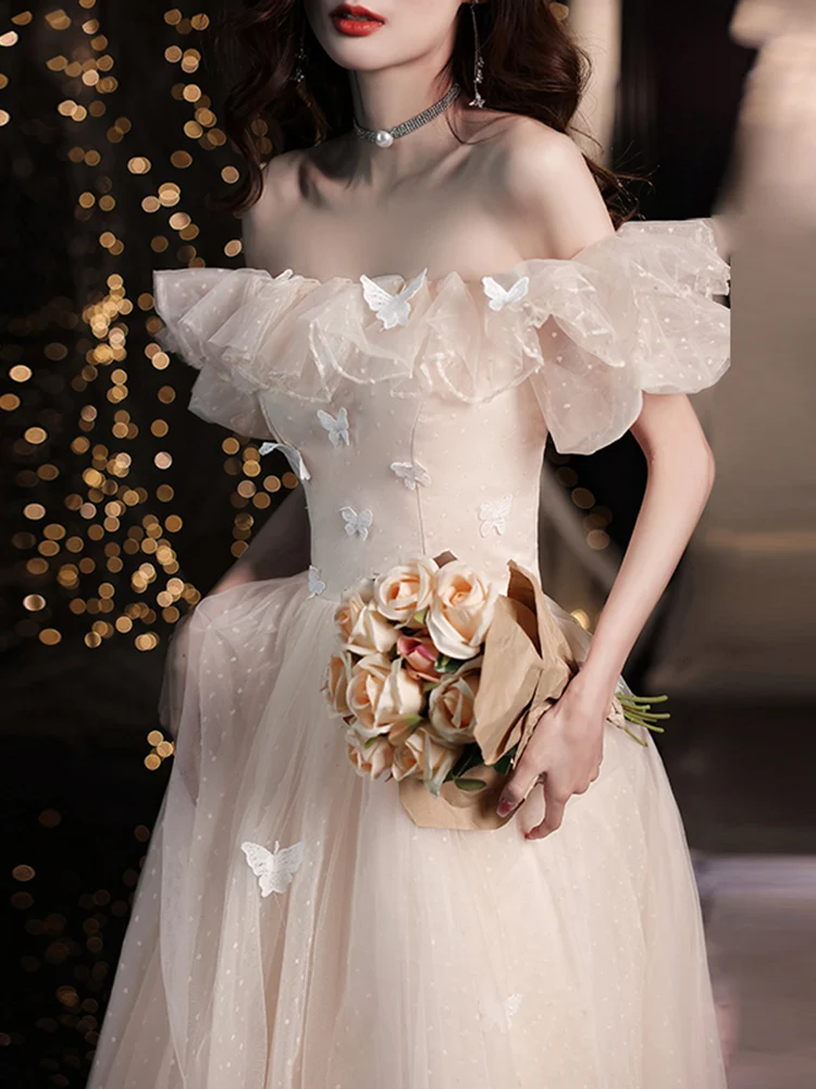 white christmas dresses Elegant Champagne Tulle Long Prom Dresses with Butterfly Lace, Champag –  Lwt Dress main image 0