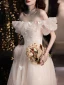 Modern / Fashion Champagne Lace Butterfly Prom Dresses 2021 A-Line / Princess Off-The-Shoulder Puffy Short Sleeve Backless Floor-Length / Long Prom Formal Dresses