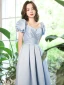 Vintage / Retro Sky Blue Prom Dresses 2021 A-Line / Princess Square Neckline Puffy Short Sleeve Backless Floor-Length / Long Prom Formal Dresses