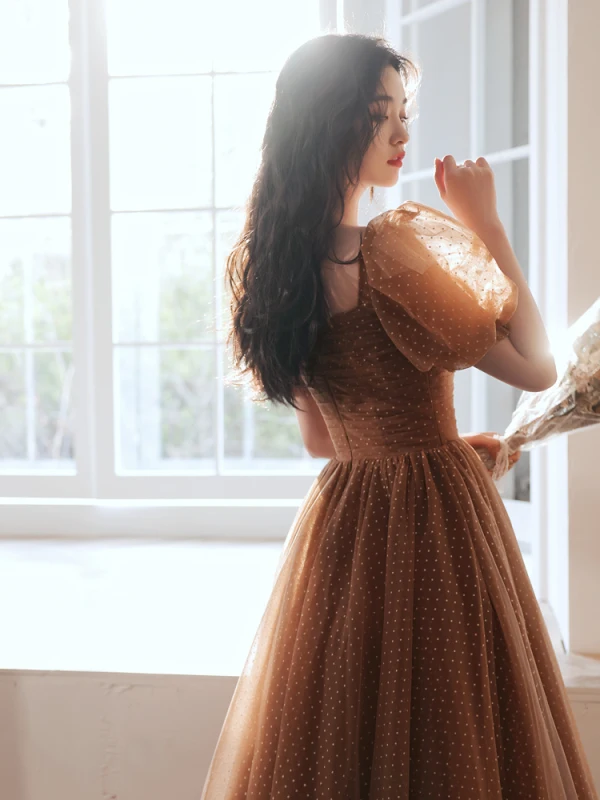 Vintage Retro Brown Spotted Prom Dresses 2021 A-Line Princess Square Neckline Puffy Long Vintage Retro Brown Spotted Prom Dresses 2021 A-Line Princess Square Neckline Puffy Long
