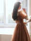 Vintage / Retro Brown Spotted Prom Dresses 2021 A-Line / Princess Square Neckline Puffy Short Sleeve Backless Floor-Length / Long Prom Formal Dresses