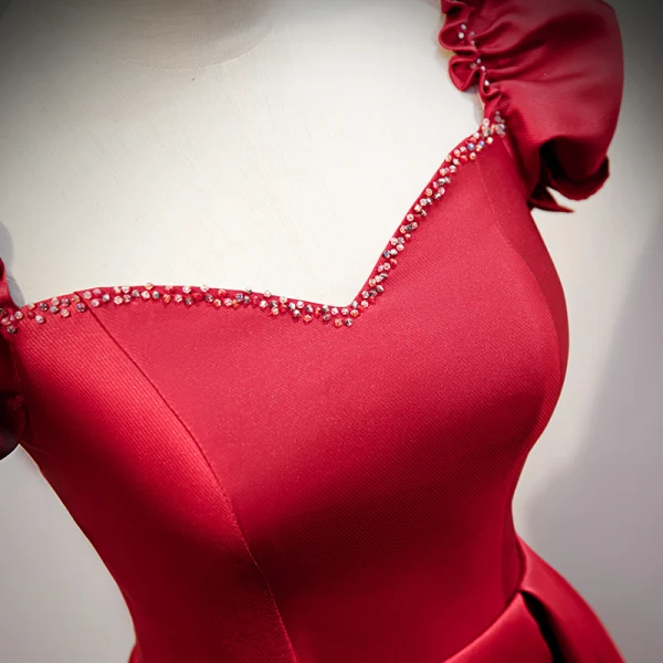 Vintage / Retro Burgundy Satin Prom Dresses 2021 A-Line / Princess Rhinestone Square Neckline Cap Sleeves Backless Floor-Length / Long Formal Dresses