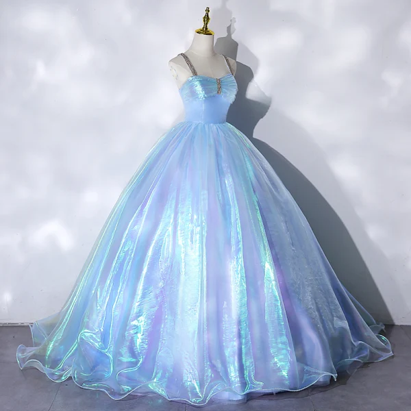 Illusion Sky Blue Cinderella Prom Dresses 2021 Ball Gown Rhinestone Spaghetti Straps Sleeveless Backless Floor-Length / Long Prom Formal Dresses