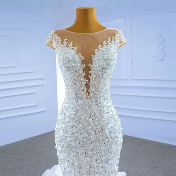 Vintage High End Ivory / Creme Brautkleider / Hochzeitskleider 2021 Meerjungfrau Rundhalsausschnitt Perlenstickerei Perle Pailletten Ärmel Fallende Rüsche Kapelle-Schleppe Hochzeit
