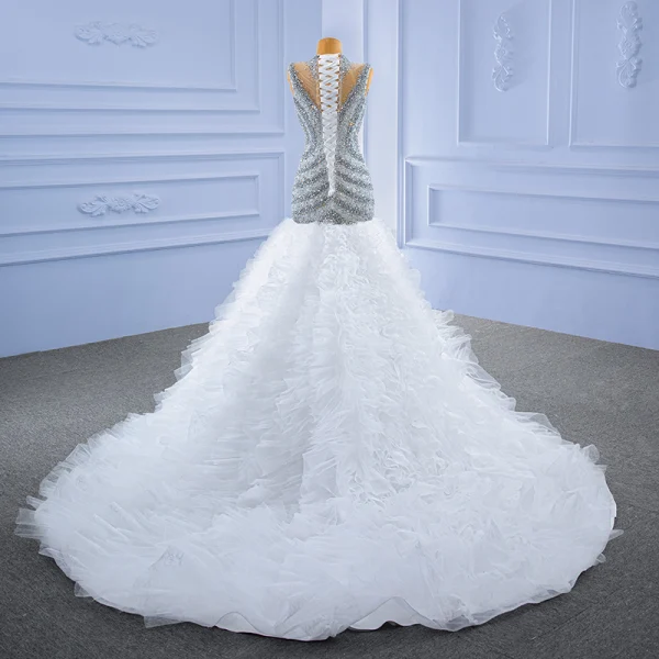High-end White Glitter Wedding Dresses 2021 Trumpet / Mermaid Scoop Neck Beading Crystal Sequins Sleeveless Chapel Train Wedding