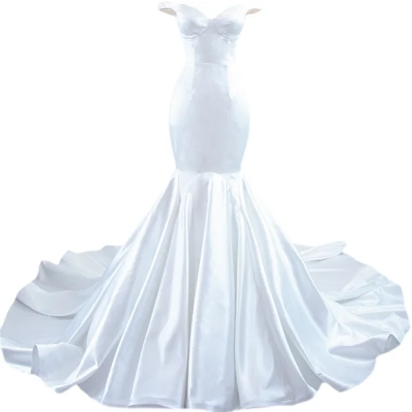 Vintage / Retro Ivory Satin Wedding Dresses 2021 Trumpet / Mermaid Off-The-Shoulder Sleeveless Backless Royal Train Wedding