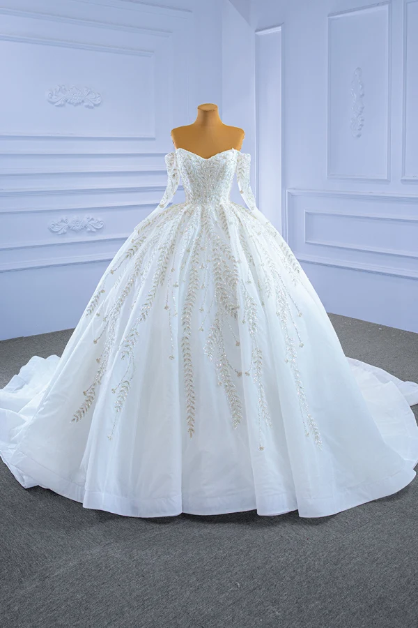 High-end White Wedding Dresses 2021 Ball Gown Off-The-Shoulder Beading Sequins Lace Flower Long Sleeve Backless Royal Train Wedding
