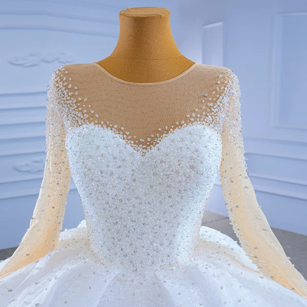 Elegant High-end White Wedding Dresses 2021 Ball Gown Scoop Neck Beading Pearl Sequins Long Sleeve Chapel Train Wedding
