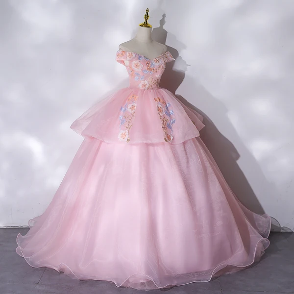 Elegant Candy Pink Prom Dresses 2021 Ball Gown Off-The-Shoulder Beading Pearl Rhinestone Lace Flower Sleeveless Backless Floor-Length / Long Prom Formal Dresses