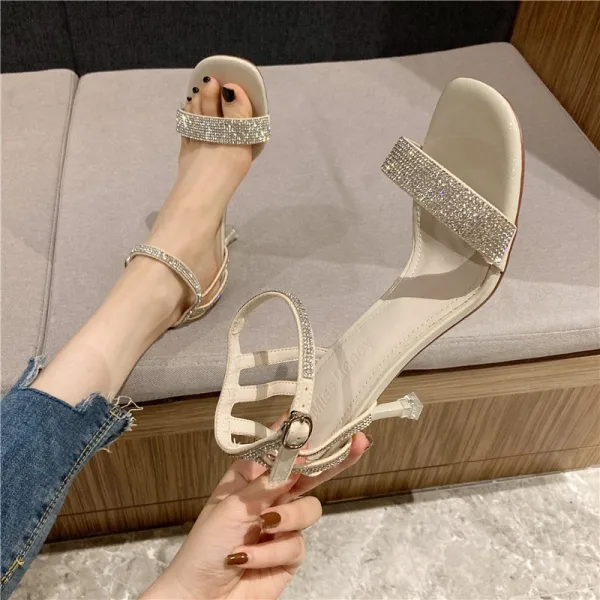 Sexy Argenté Faux Diamant Soirée Sandales Femme 2021 Bride Cheville 6 cm Talons Aiguilles Peep Toes / Bout Ouvert Sandales Talons Hauts