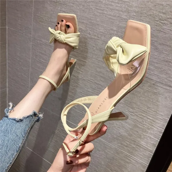 Mode Blanche Vêtement de rue Noeud Sandales Femme 2021 Bride Cheville 8 cm Talons Aiguilles Peep Toes / Bout Ouvert Sandales Talons Hauts