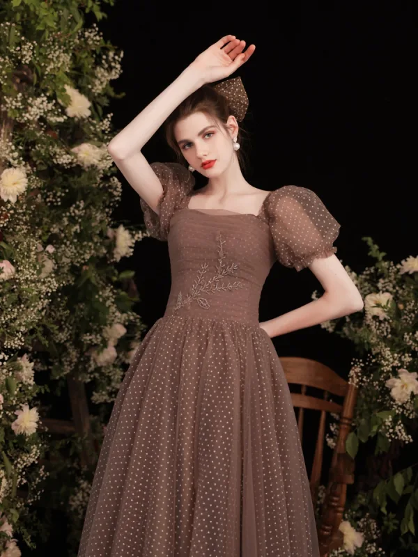 Vintage / Retro Brown Spotted Prom Dresses 2021 A-Line / Princess Square Neckline Short Sleeve Backless Floor-Length / Long Prom Formal Dresses