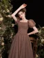 Vintage / Retro Brown Spotted Prom Dresses 2021 A-Line / Princess Square Neckline Short Sleeve Backless Floor-Length / Long Prom Formal Dresses