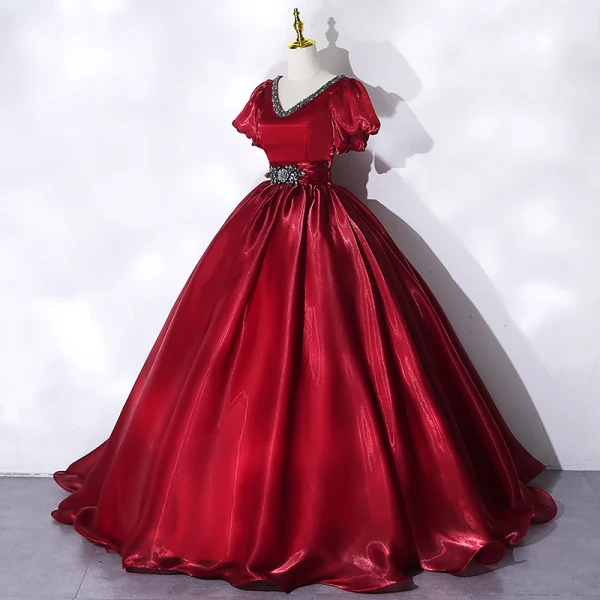 Classy Burgundy Prom Dresses 2021 Ball Gown V-Neck Crystal Rhinestone Short Sleeve Backless Floor-Length / Long Prom Formal Dresses
