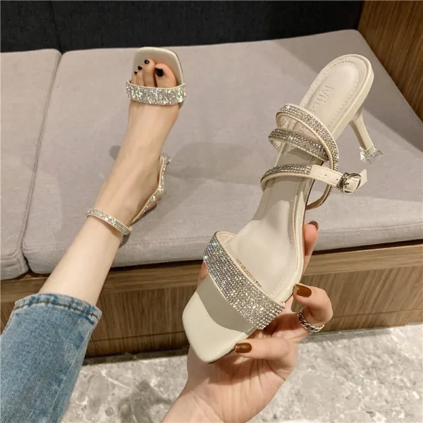 Sexy Beige Evening Party Rhinestone Womens Sandals 2021 6 cm Stiletto Heels Open / Peep Toe Sandals High Heels