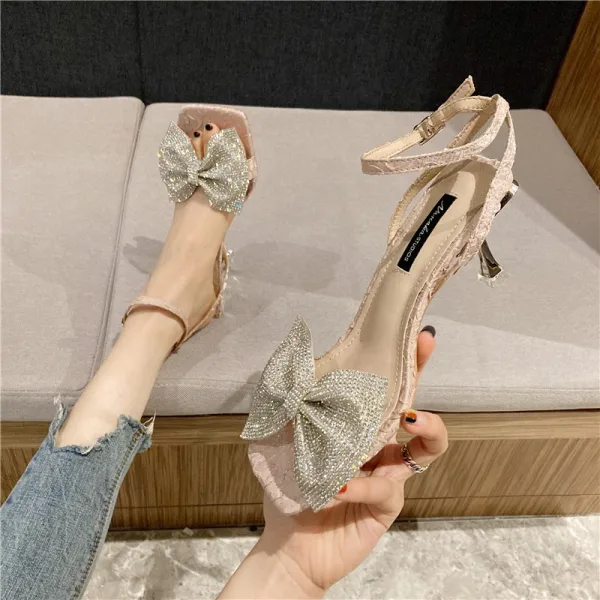 Charmant Rosa Abend Sandalen Damen 2021 Knöchelriemen Strass Schleife 5 cm Stilettos Peeptoes Sandaletten Hochhackige