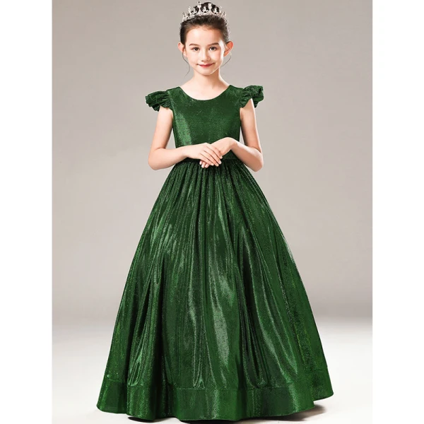 Chic / Beautiful Dark Green Sequins Evening Party Flower Girl Dresses 2021 A-Line / Princess Scoop Neck Cap Sleeves Zipper Up Floor-Length / Long