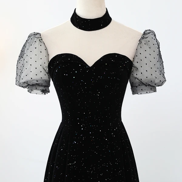 Élégant Noire Tachetée Paillettes Robe De Soirée 2021 Princesse Satin Col Haut Manches Courtes Dos Nu Longue Soirée Robe De Ceremonie