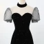 Élégant Noire Tachetée Paillettes Robe De Soirée 2021 Princesse Satin Col Haut Manches Courtes Dos Nu Longue Soirée Robe De Ceremonie