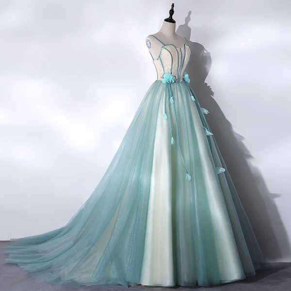 Classy Mint Green Prom Dresses 2021 A-Line / Princess Spaghetti Straps Appliques Lace Flower Sleeveless Backless Floor-Length / Long Prom Formal Dresses