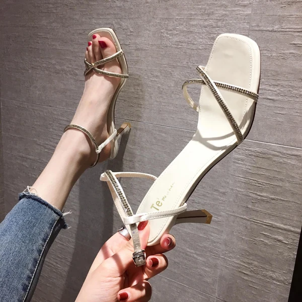 Romeins Sexy Zwarte Straatkleding Rhinestone Sandalen Dames 2021 Enkelband 7 cm Naaldhakken / Stiletto Peep Toe Sandalen Hoge Hakken
