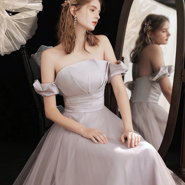 Elegant Purple Grey Prom Dresses 2021 A-Line / Princess Off-The-Shoulder Short Sleeve Backless Floor-Length / Long Prom Formal Dresses Elegant Purple Grey Prom Dresses 2021 A-Line / Princess Off-The-Shoulder Short Sleeve Backless Floor-Length / Long Prom Formal Dresses