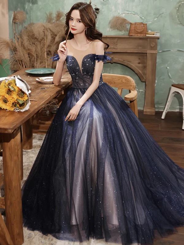 Vintage / Retro Navy Blue Prom Dresses 2021 A-Line / Princess Off-The-Shoulder Beading Sequins Sleeveless Backless Floor-Length / Long Prom Formal Dresses