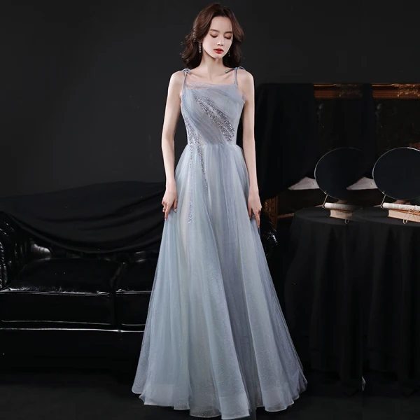 Chic / Belle Bleu Ciel Gris Paillettes Robe De Bal 2021 Princesse Bretelles Spaghetti Sans Manches Dos Nu Longue Promo Robe De Ceremonie