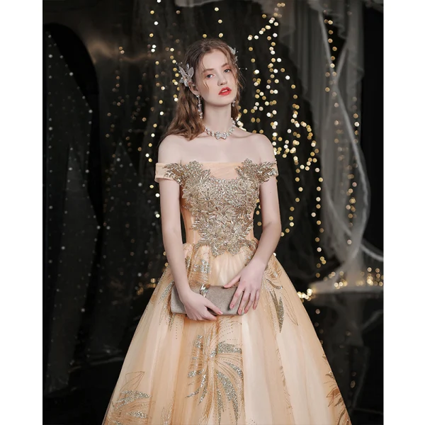 Charmant Doré Robe De Bal 2021 Princesse De l'épaule Perlage Paillettes En Dentelle Fleur Sans Manches Dos Nu Longue Promo Robe De Ceremonie
