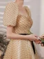 Fashion Yellow Spotted Prom Dresses 2021 A-Line / Princess Square Neckline Short Sleeve Bow Backless Floor-Length / Long Prom Formal Dresses