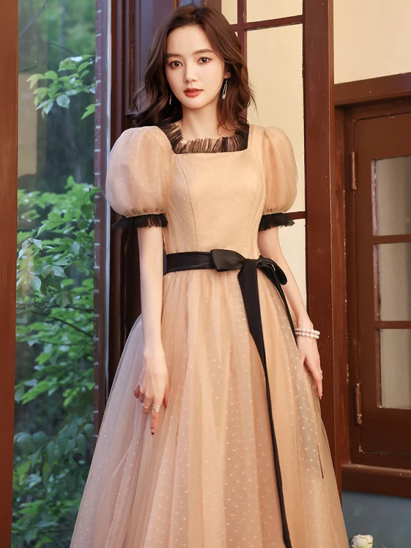 Vintage / Retro Champagne Spotted Prom Dresses 2021 A-Line / Princess Square Neckline Short Sleeve Bow Floor-Length / Long Prom Formal Dresses