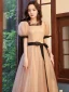 Vintage / Retro Champagne Spotted Prom Dresses 2021 A-Line / Princess Square Neckline Short Sleeve Bow Floor-Length / Long Prom Formal Dresses