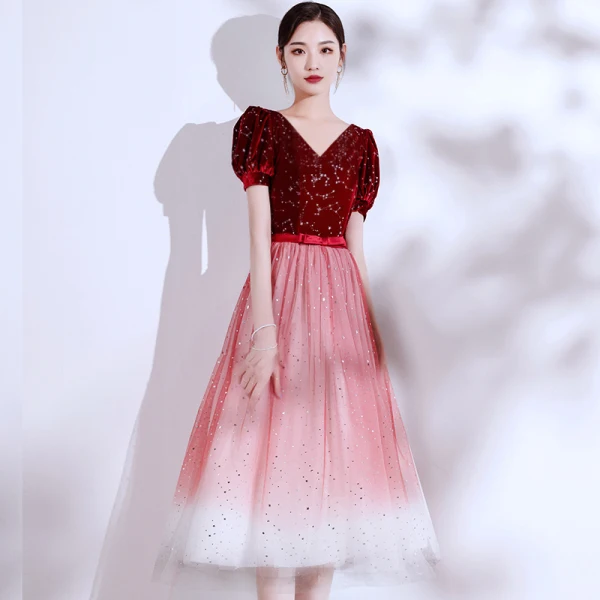 Modern / Fashion Navy Blue Suede Homecoming Graduation Dresses 2021 A-Line / Princess V-Neck Star Sequins Sash Bow Short Sleeve Tea-length Formal Dresses