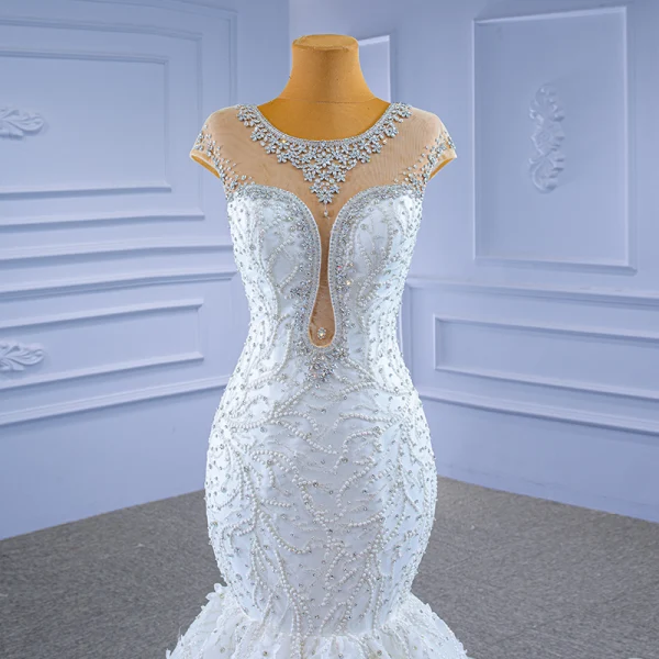 High-end White Wedding Dresses 2021 Trumpet / Mermaid Scoop Neck Crystal Rhinestone Cap Sleeves Cathedral Train Wedding