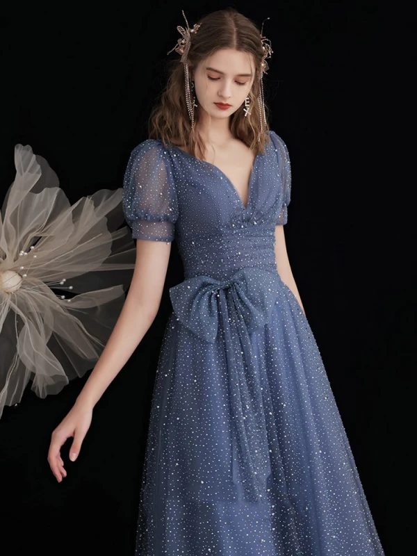 Fashion Ocean Blue Glitter Starry Sky Prom Dresses 2021 A-Line / Princess V-Neck Beading Pearl Sequins Short Sleeve Bow Backless Prom