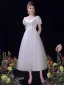 Modest / Simple Ivory Wedding Dresses 2021 A-Line / Princess Bow V-Neck Short Sleeve Backless Tea-length Wedding