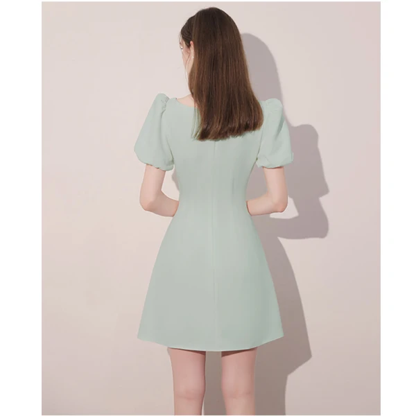 Fashion Sage Green Homecoming Short Graduation Dresses 2021 A-Line / Princess Square Neckline Rhinestone Bow Short Sleeve Formal Dresses